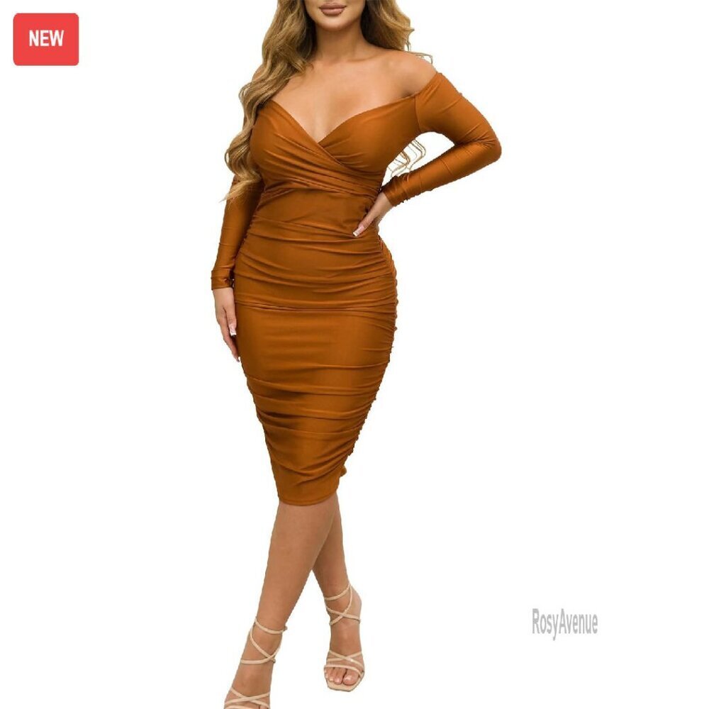 Sexy Off Shoulder Midi Dress Long Sleeve Ruched Bodycon